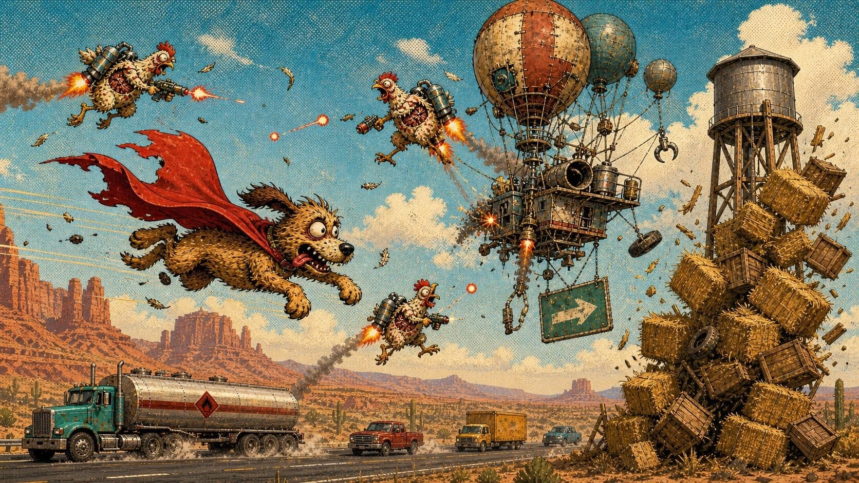 Zappo flies badly in a red cape while jetpack chickens attack around a balloon contraption above the highway.