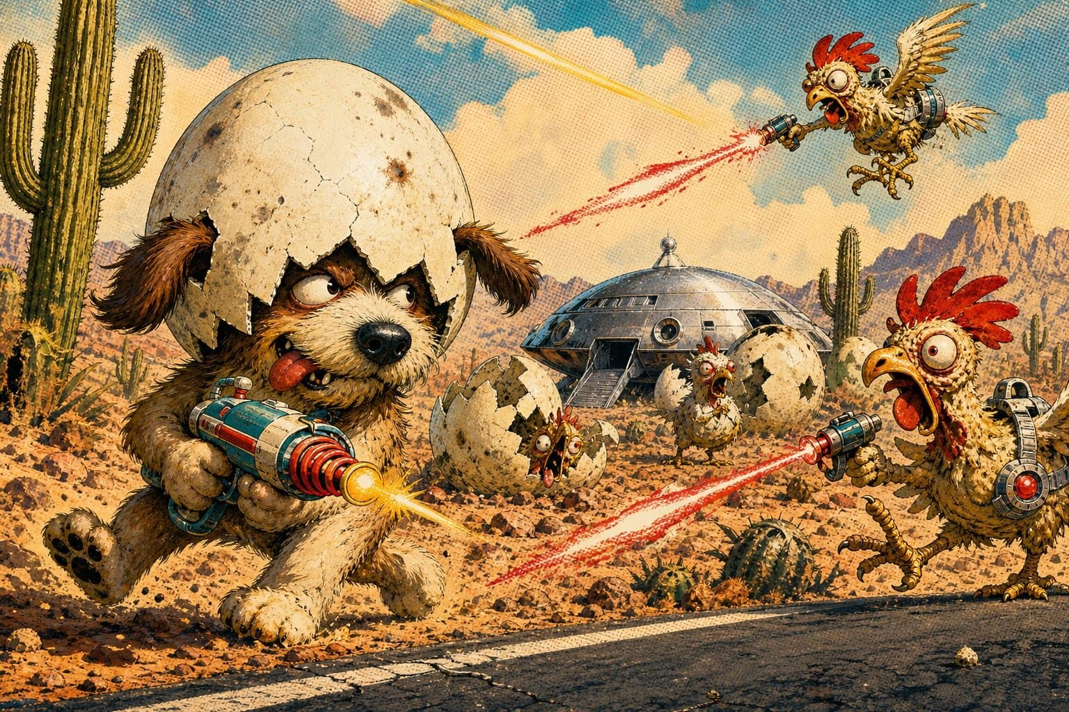 Zappo in a cracked eggshell helmet fires a ray gun as chickens shoot back near a crashed flying saucer.