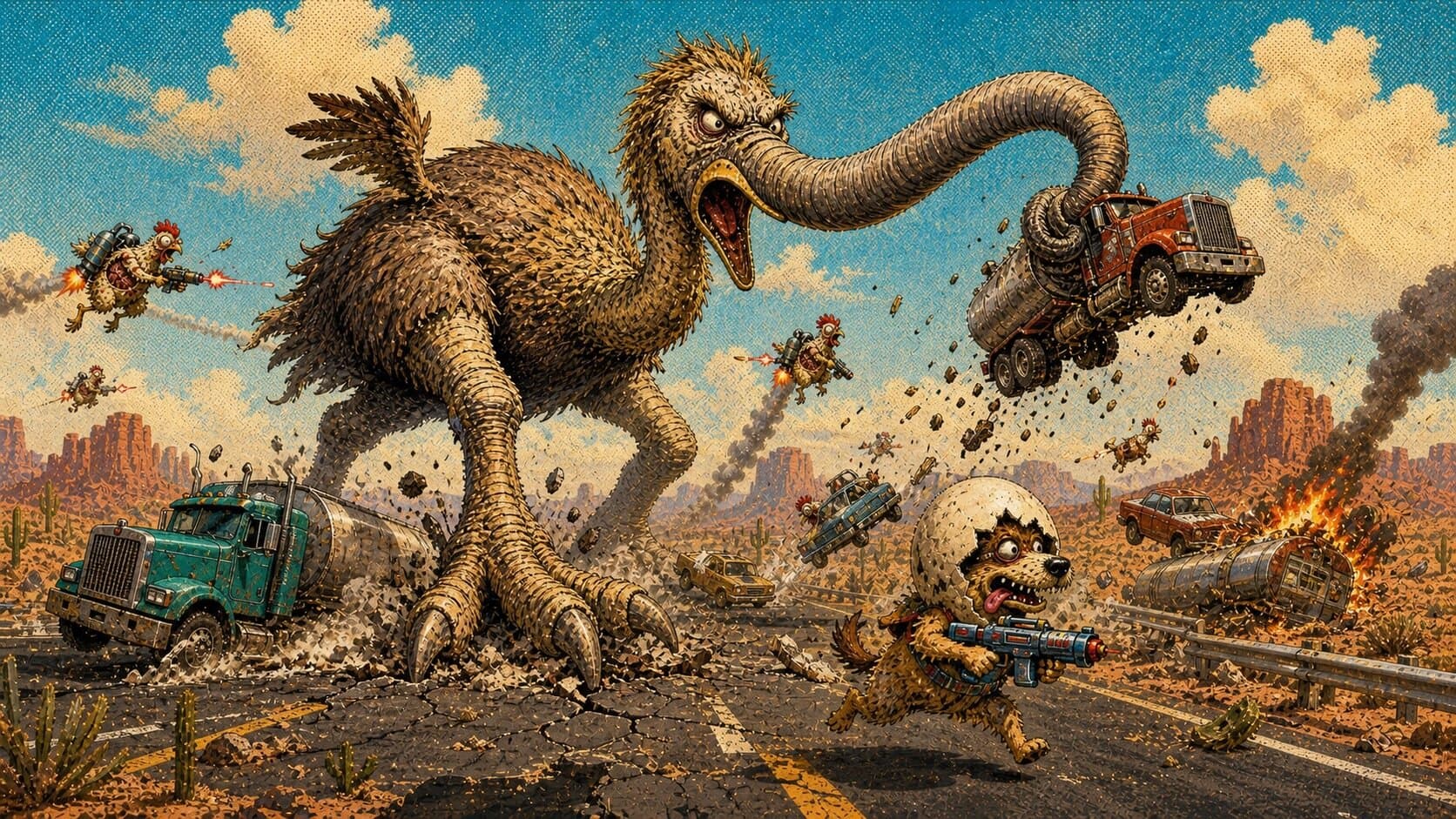 a huge trunked Elephant Bird lifts a truck over the highway while Zappo runs from it.