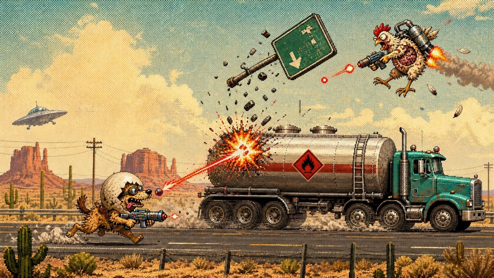 Zappo, wearing a broken eggshell helmet, runs past a tanker truck as a jetpack chicken's shot sets it off on a desert highway.