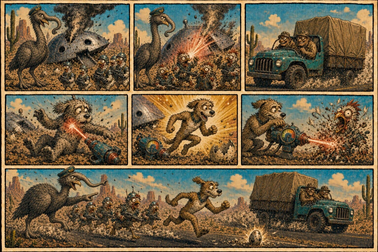 The opening comic page: a flying saucer crash, the chicken crew turned into zombies, a covered cage driven off in a truck, and Zappo restored to his prime.