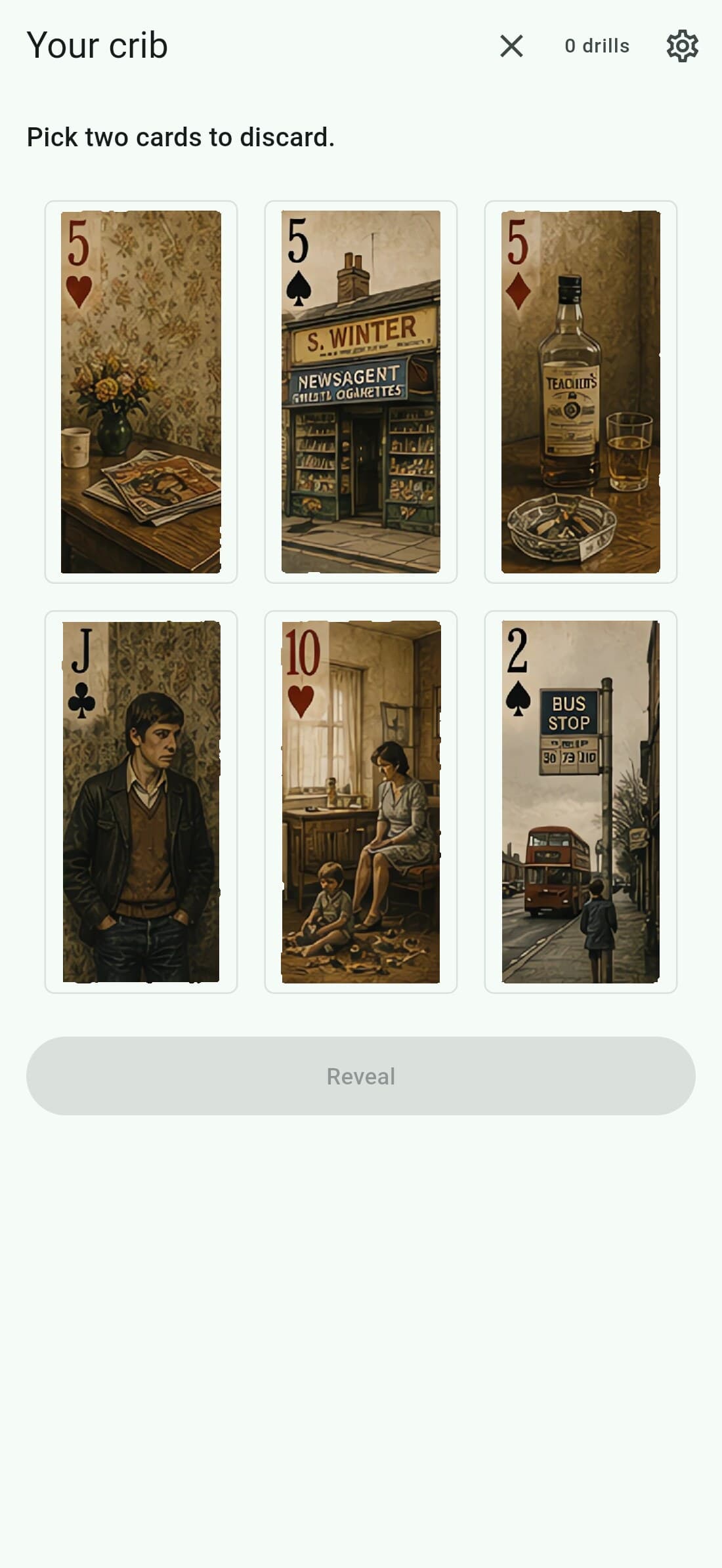 Discard drill: six illustrated cards, pick two to throw to your crib.