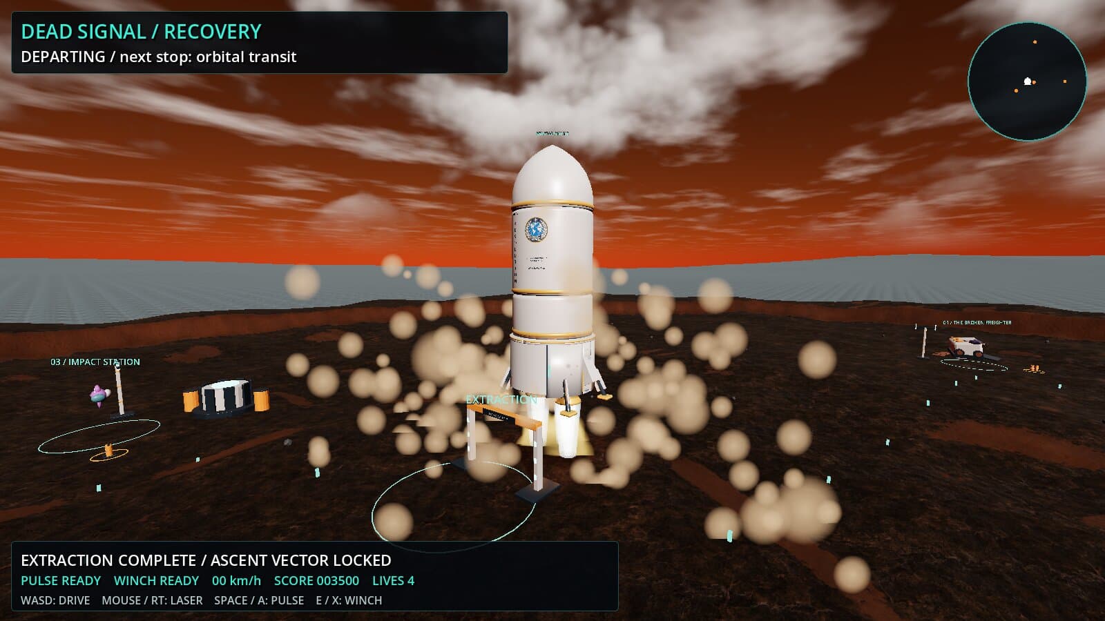 Rover expedition complete: the rocket blasts off from a dark plateau in clouds of dust under an orange sky.