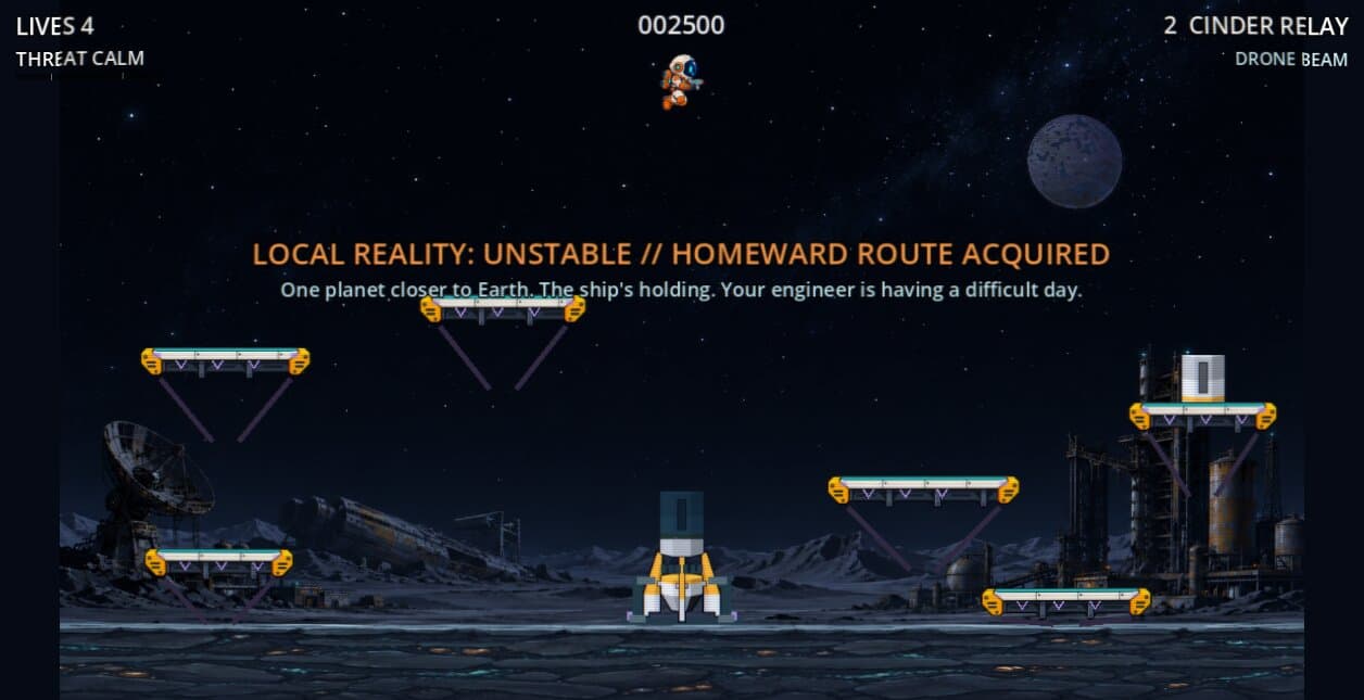 Salvage, the side-on 2D stage: a jetpack astronaut above floating platforms at a ruined launch site, with the rocket base on the ground.