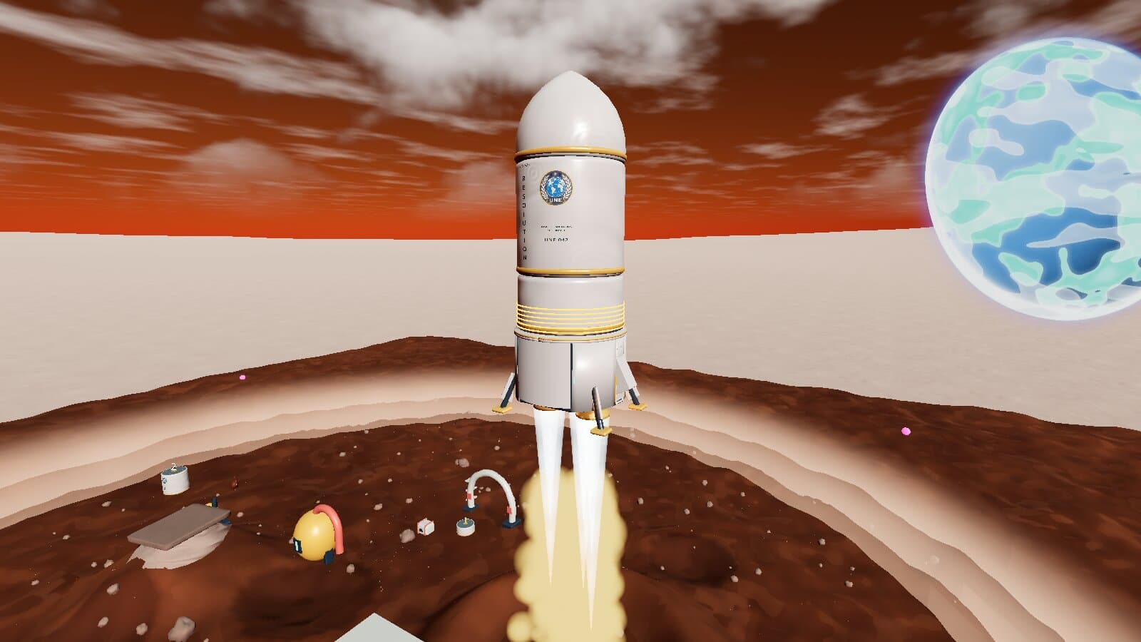 The white rocket U.N.E.S. Resolution lifting off from a red crater, with a blue and green planet in the sky.