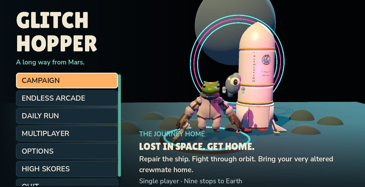 The GlitchHopper title menu: a frog-faced astronaut and a floating grey alien beside the pink rocket Resolution, with Campaign, Endless Arcade, Daily Run and Multiplayer options.