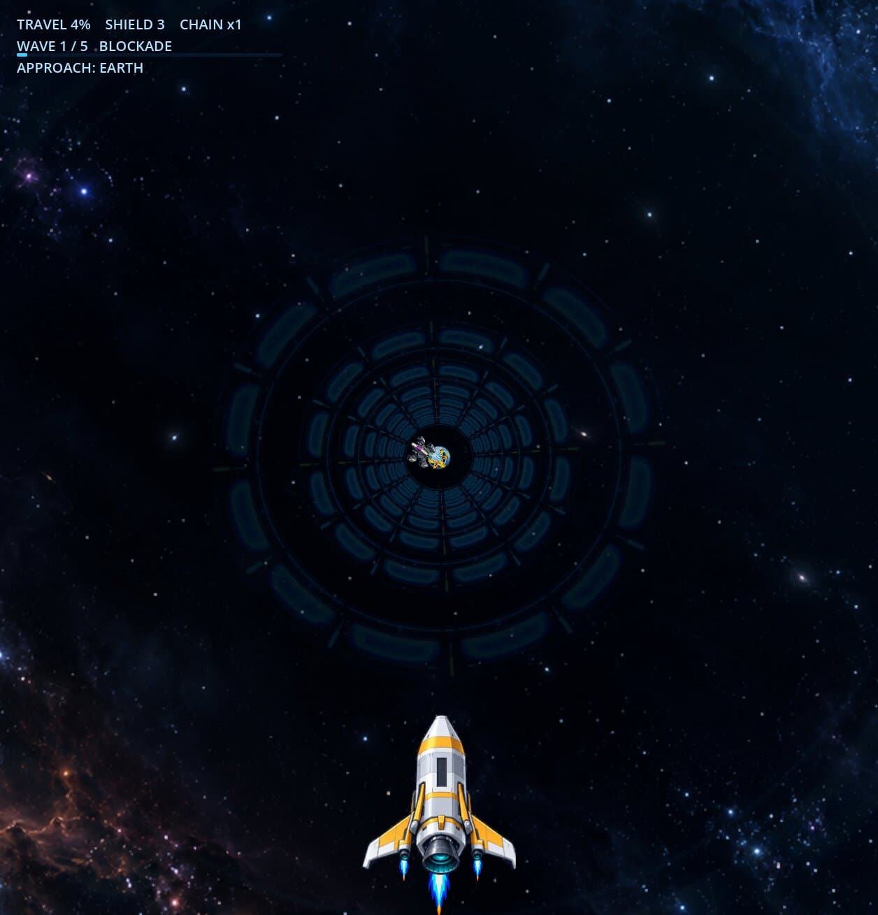 Transit between planets: the rocket flies up a tunnel of rings towards an enemy ship, wave 1 of 5, approaching Earth.