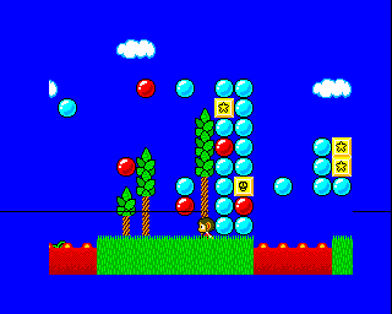 A column of breakable star and skull blocks above a grassy ledge and red lava.