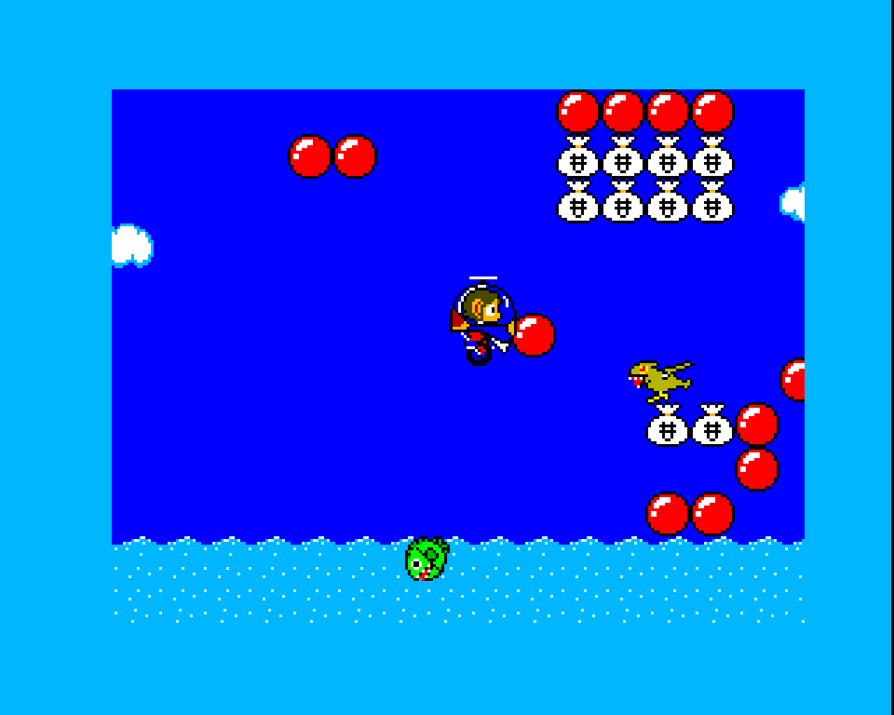 Alex swimming through a lake past red balls and money bags.
