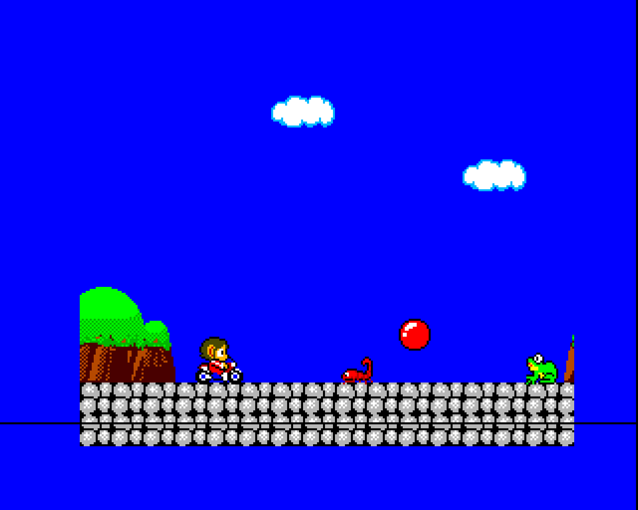 Alex on a stone path under a blue sky, with a scorpion, a frog and a red ball ahead.