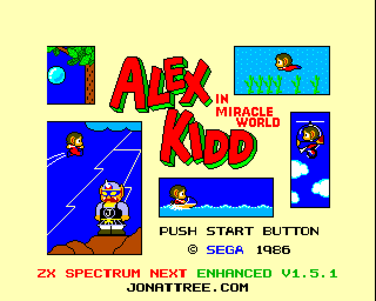 Title screen: the Alex Kidd in Miracle World logo with scenes from the game, Push Start Button, Sega 1986, and the ZX Spectrum Next Enhanced v1.5.1 credit.