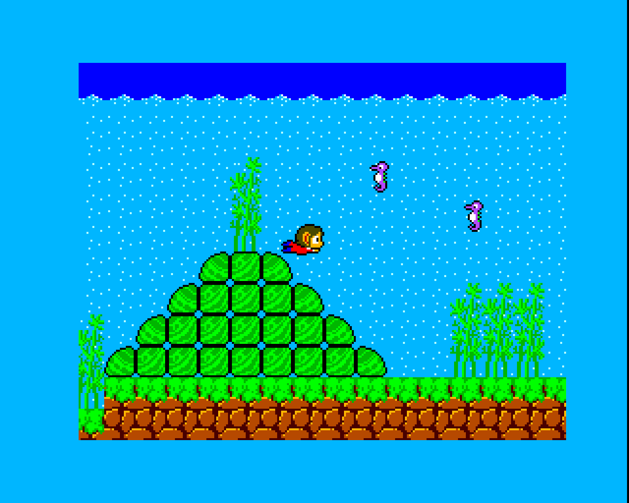 Alex swimming over a green underwater hill with seahorses nearby.
