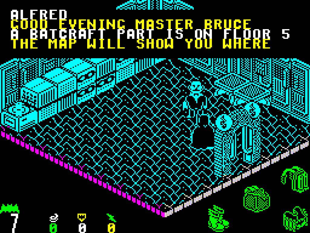 Alfred in the cyan Batcave: Good evening Master Bruce, Batcraft part 1 is on floor 5.