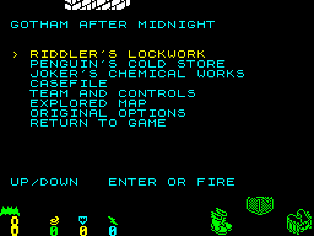 The Batcomputer menu: Gotham After Midnight, with Riddler's Lockwork, Penguin's Cold Store and Joker's Chemical Works.
