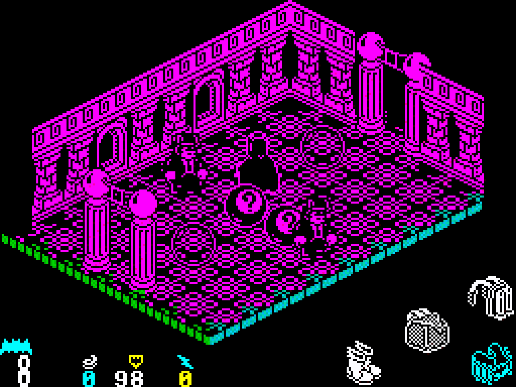 A magenta isometric room with pillars, where gang members patrol around Batman.