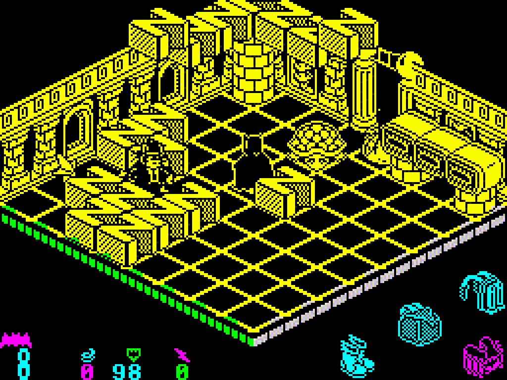 A yellow isometric room of crates on a grid floor, with Batman and a henchman.