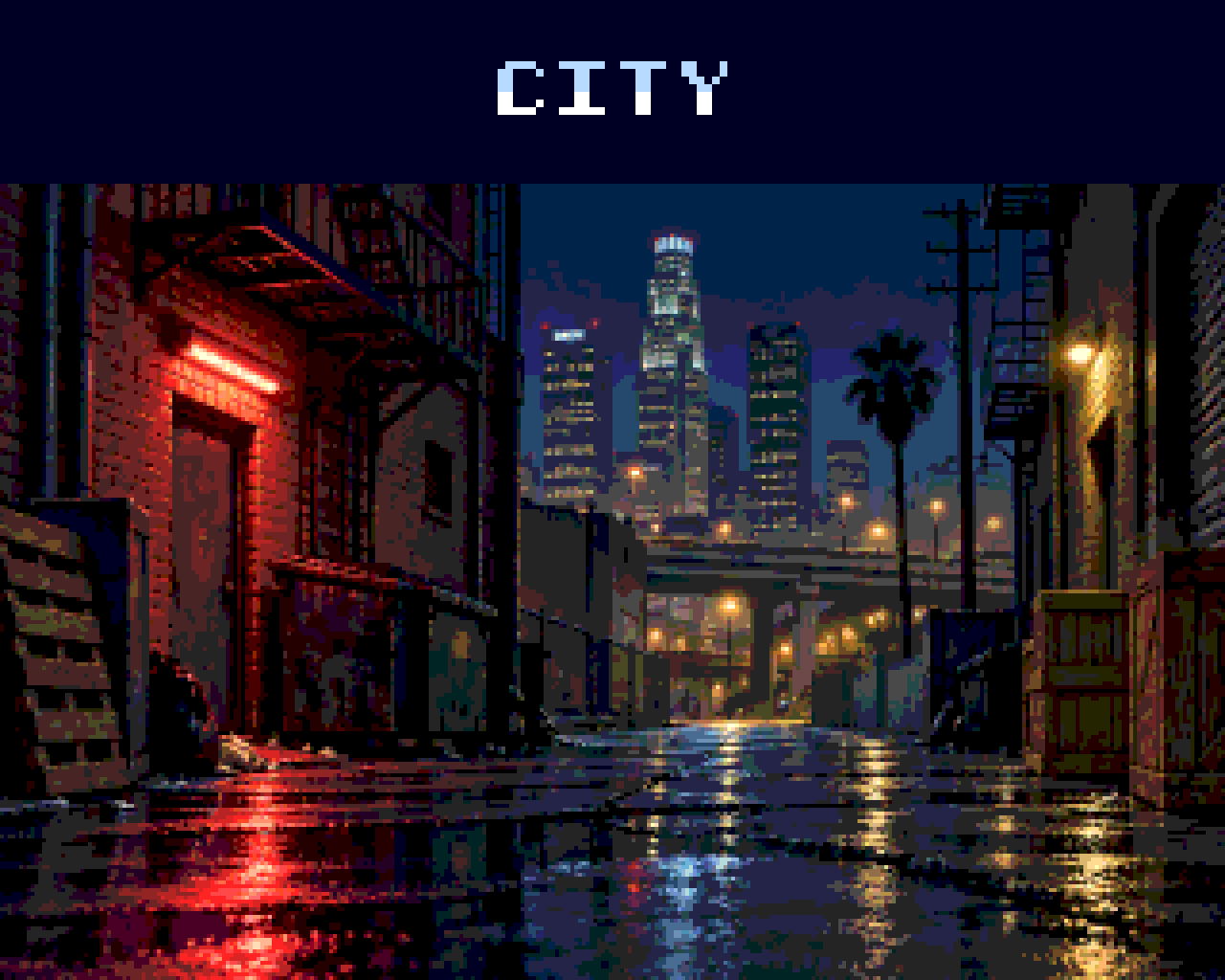 The City round card: a neon-lit wet alley looking out to a downtown skyline at night.