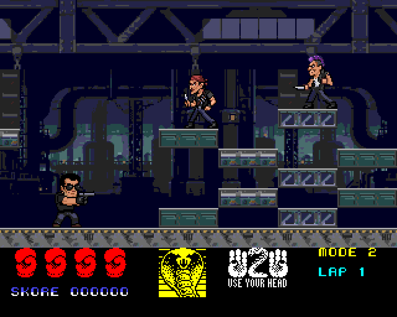 The factory: Cobretti among pipes and stacked crates while two thugs come down the platforms.