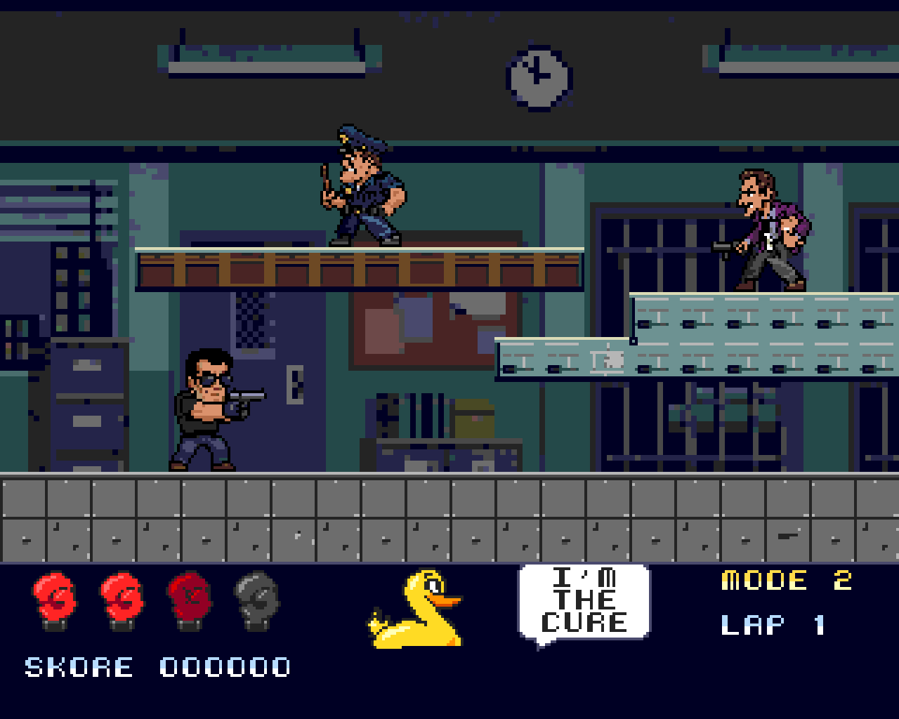 The police precinct: Cobretti with a pistol on the ground floor while a police officer and a detective stand on the platforms above, with the lives and score panel below.