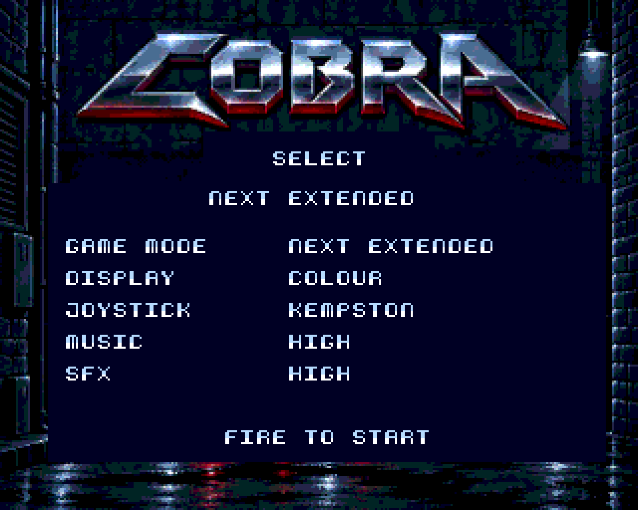 Edition select set to Next Extended, with display, joystick, music and sound options.