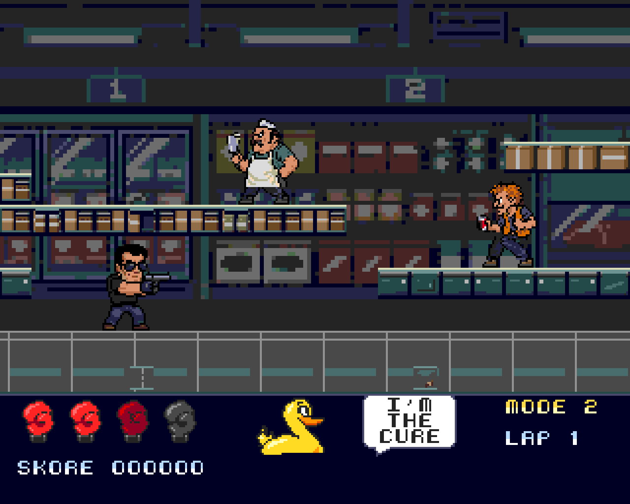 The supermarket: Cobretti below the shelves while a butcher with a cleaver and a thug wait on the platforms.