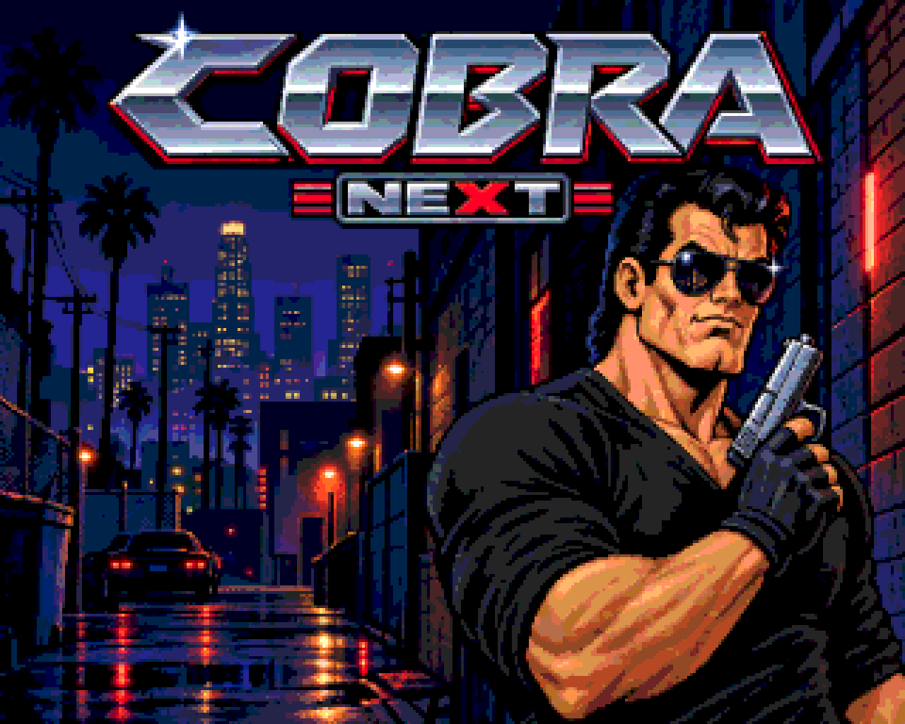 Title screen: the chrome COBRA logo and a NEXT badge over Cobretti in sunglasses, holding a pistol on a rain-soaked night street.
