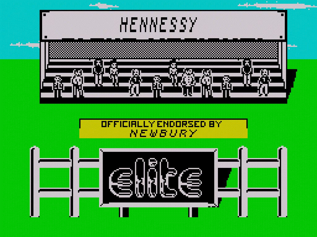 Pre-race screen: Hennessy on the grandstand sign, officially endorsed by Newbury, above the Elite logo.