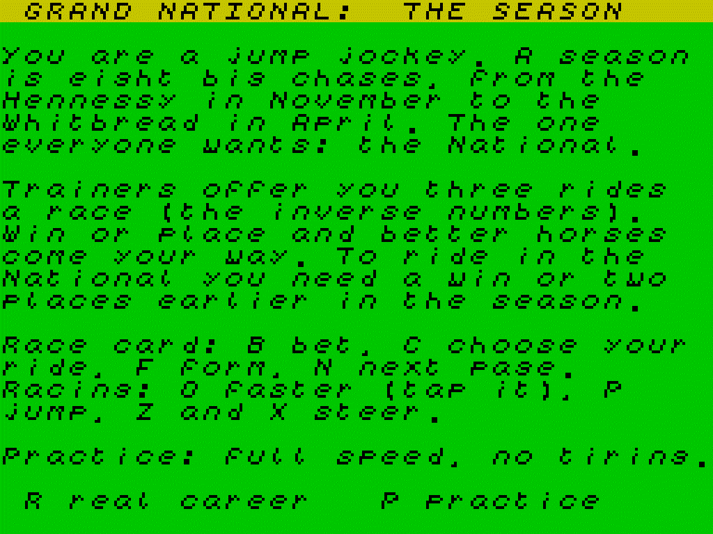 The home page explaining the season, with R for a real career and P for practice.
