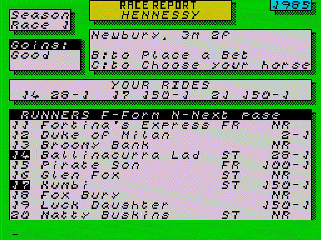 Race card for the Hennessy at Newbury: going good, your three ride offers, and the runners with their prices.