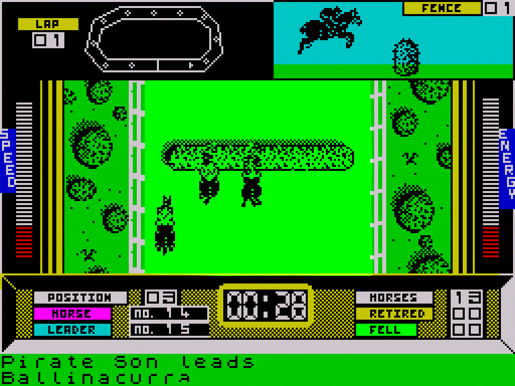 Racing: horses come up to a hedge on a green course, with the course map, a horse clearing a fence, the race clock at 00:28 and Pirate Son leading.