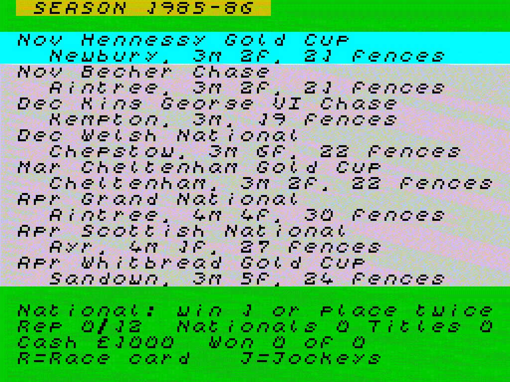 Season 1985-86 fixture list, from the Hennessy Gold Cup at Newbury to the Whitbread Gold Cup at Sandown, with the next race highlighted.