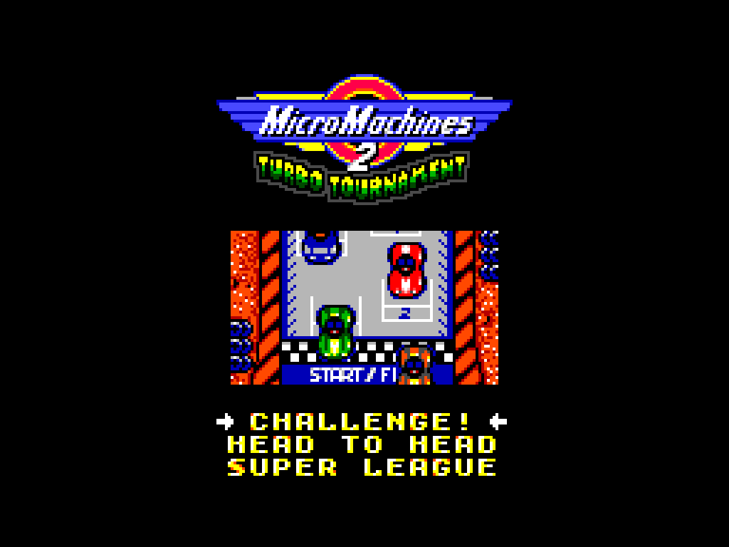 The Micro Machines 2 Turbo Tournament logo above the Challenge, Head to Head and Super League menu.