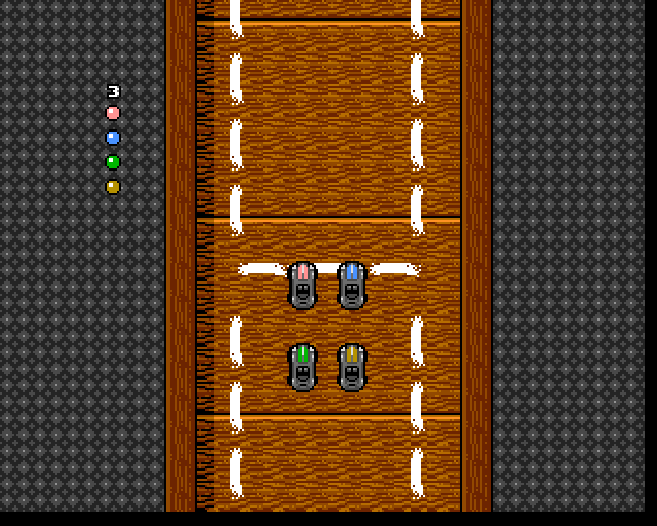 Extended view: four cars on the start line of a wooden track over a dark carpet, with the race positions on the left.