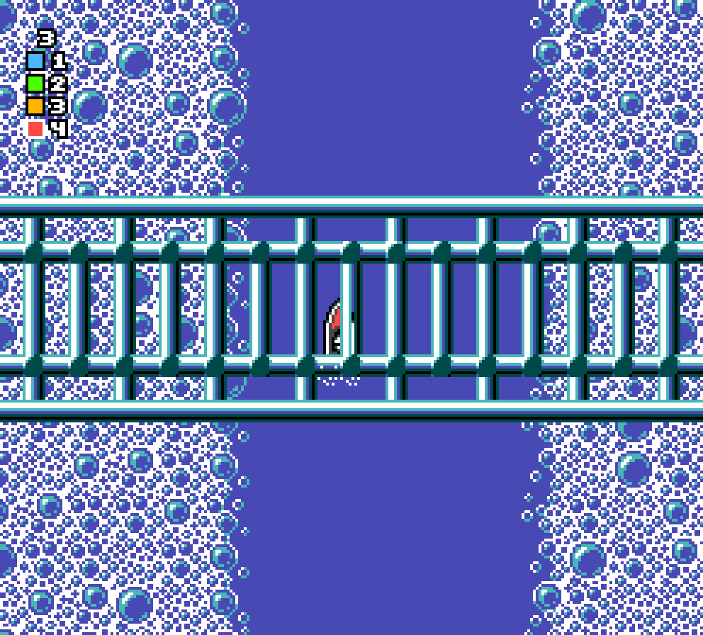 A speedboat crossing a bathtub under a chrome rack, between banks of soap bubbles.