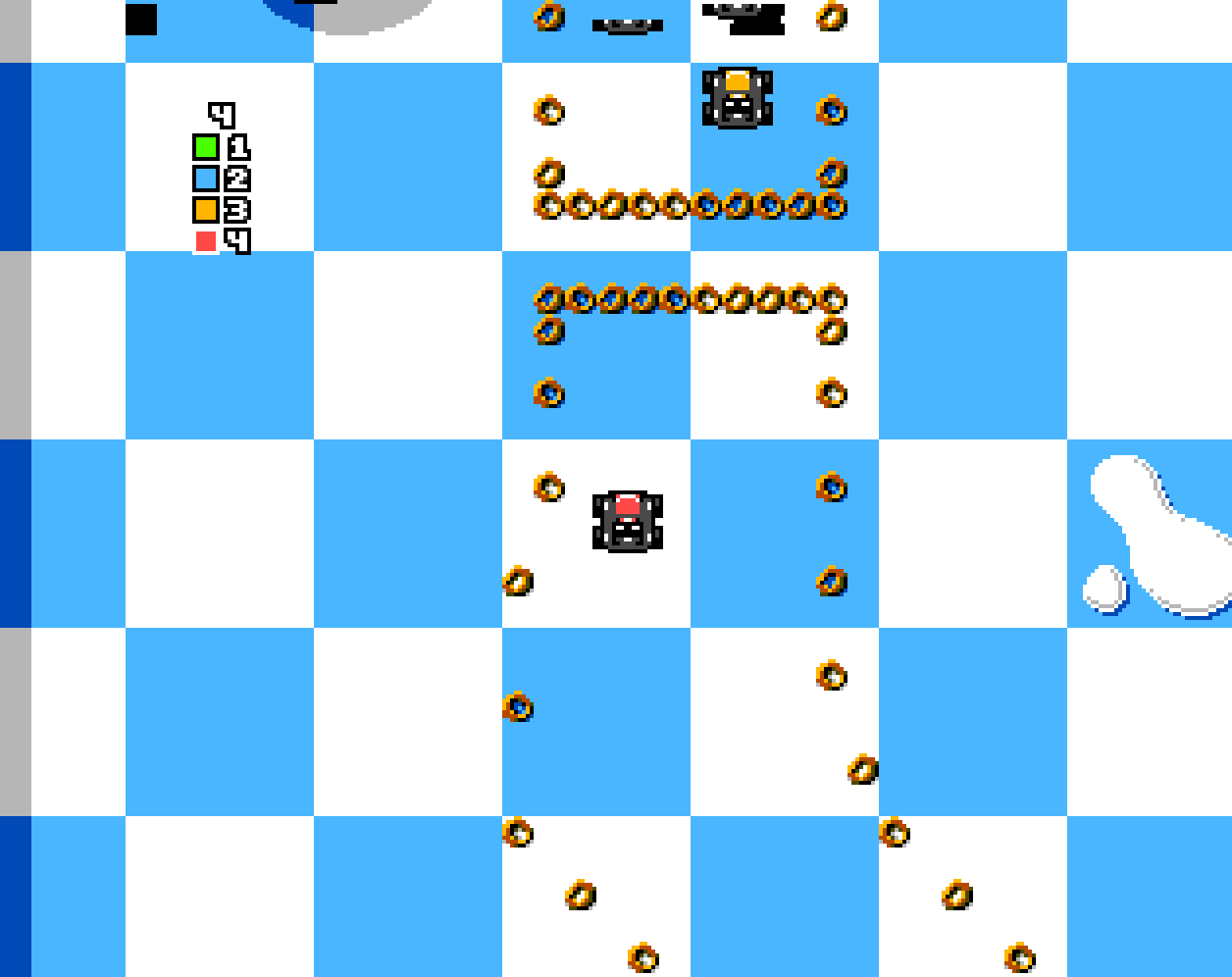 Extended view: cars racing across a blue and white checked tablecloth, steering between rows of cereal hoops.