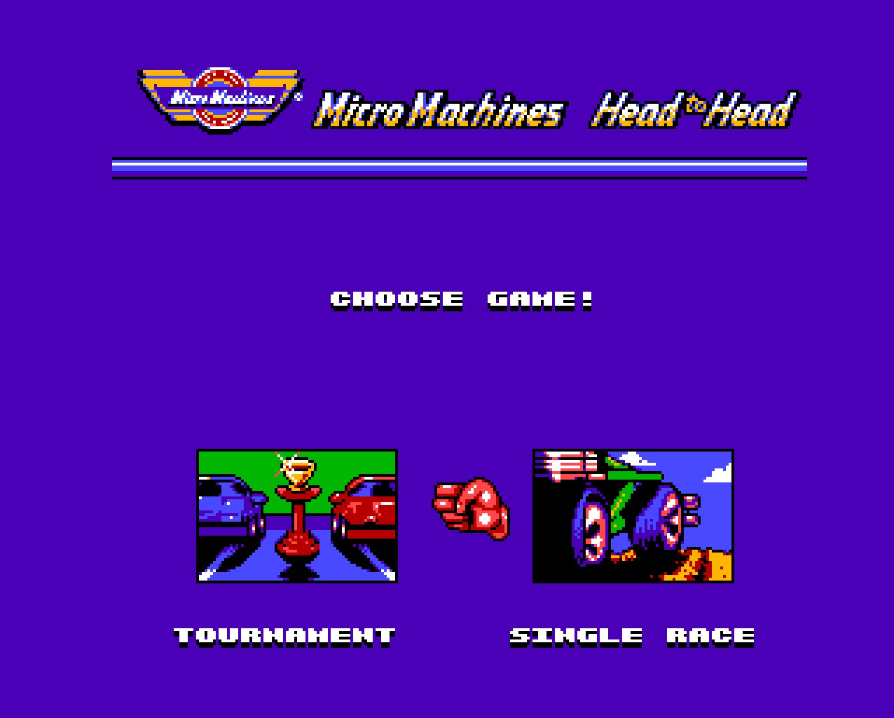 The Micro Machines Head to Head menu: choose Tournament or Single Race.