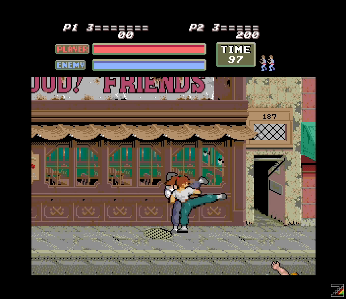 Veronica throws a high kick while both players fight on the street by the 187 doorway.