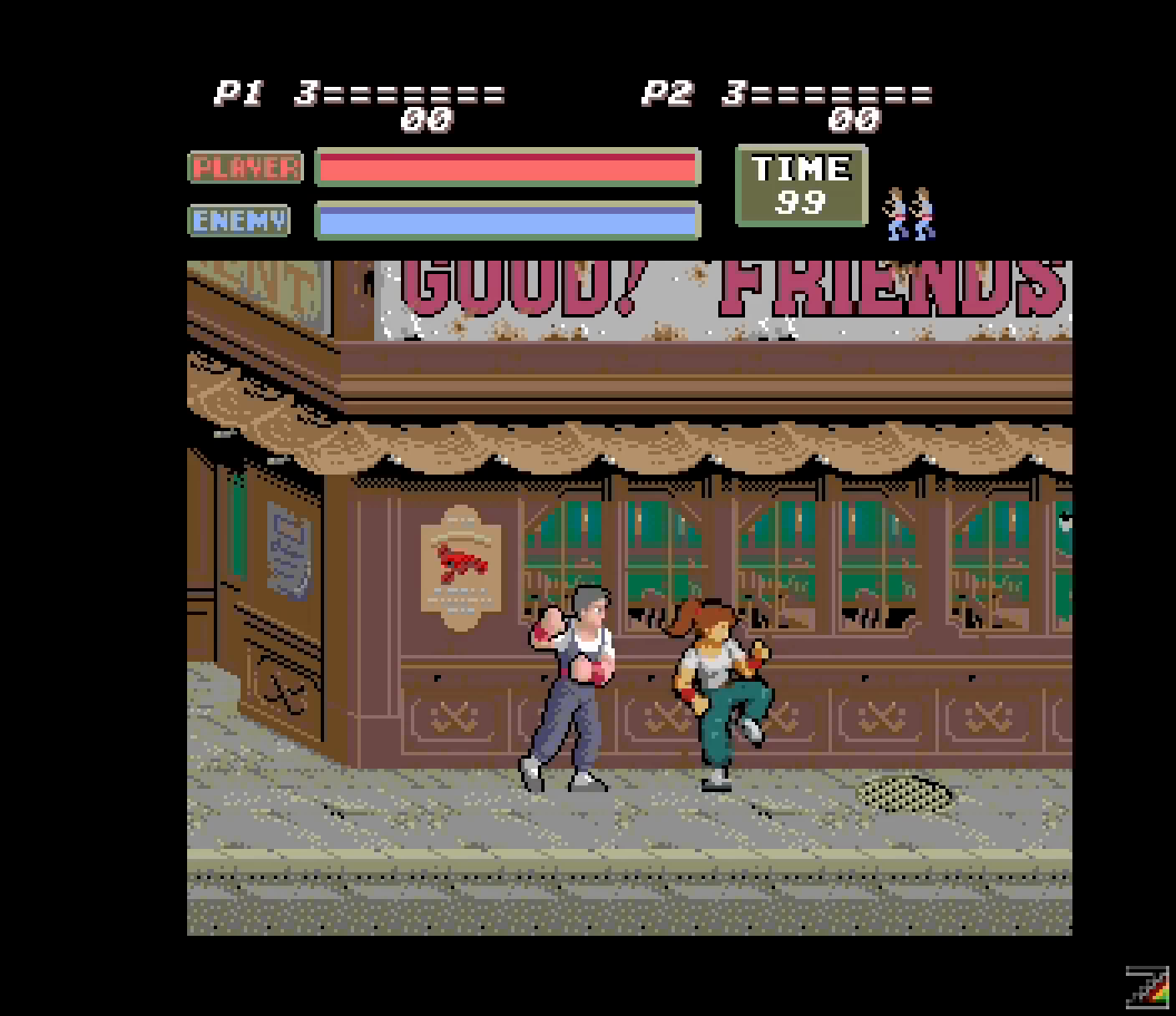 Co-op outside the Good! Friends shopfront: Vigilante and Veronica side by side, with both players' scores and lives in the HUD.