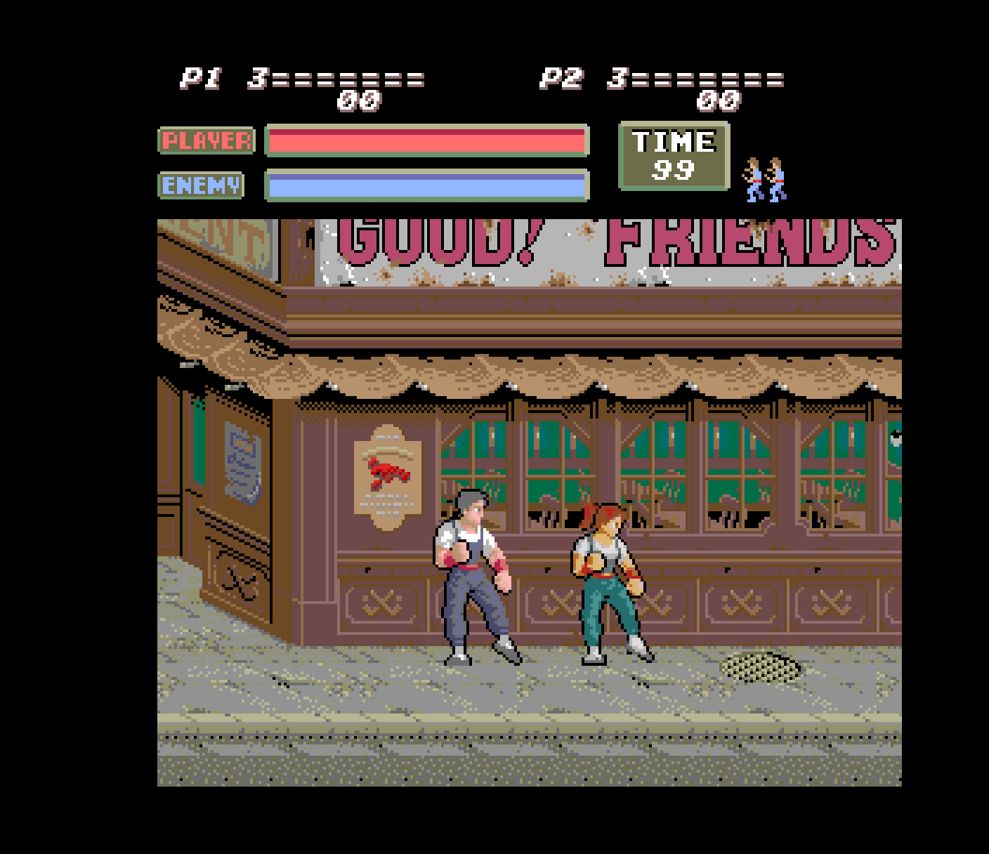 Two players at the start of stage one, with a thug walking in.